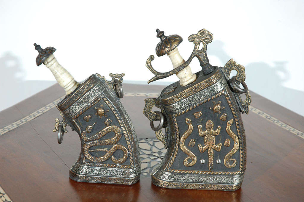 Moorish Set of Moroccan Antique Silver and Brass Gun Powder Case Flask