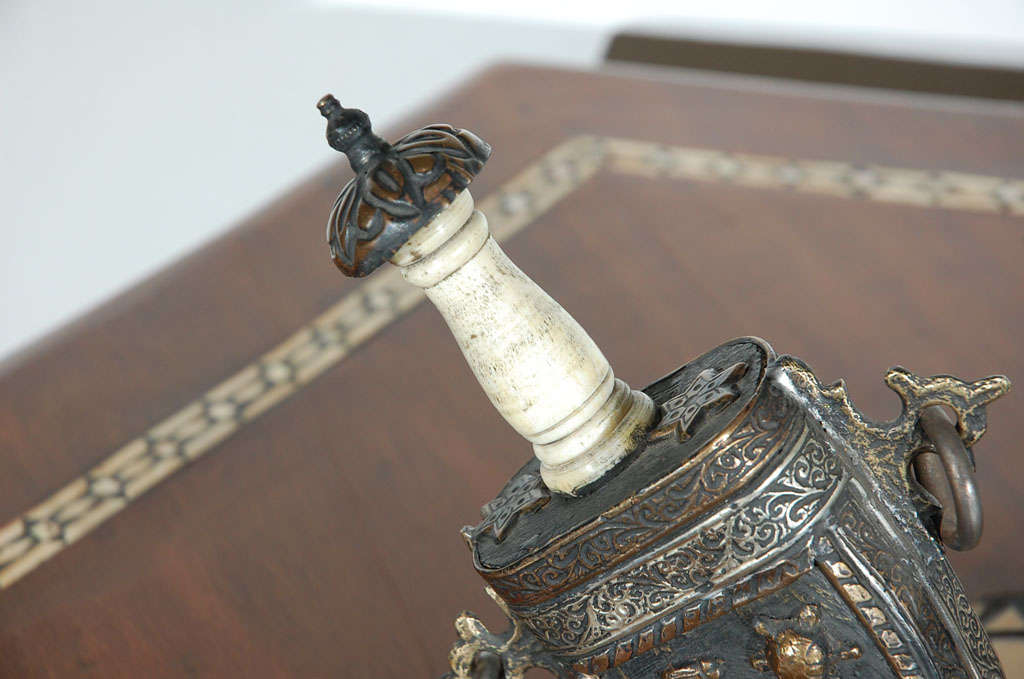 Set of Moroccan Antique Silver and Brass Gun Powder Case Flask In Good Condition In North Hollywood, CA