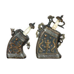 Set of Moroccan Antique Silver and Brass Gun Powder Case Flask