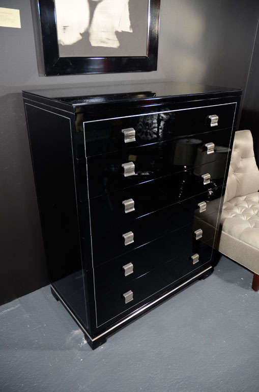 20th Century 1940's Hollywood Black Lacquered Tall Chest with Greek Key Base