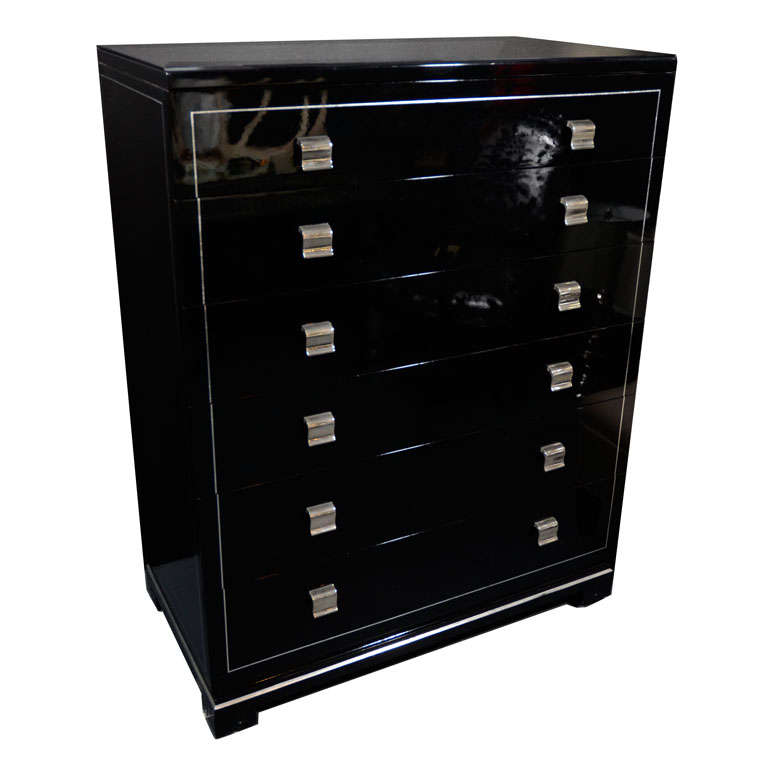 1940's Hollywood Black Lacquered Tall Chest with Greek Key Base