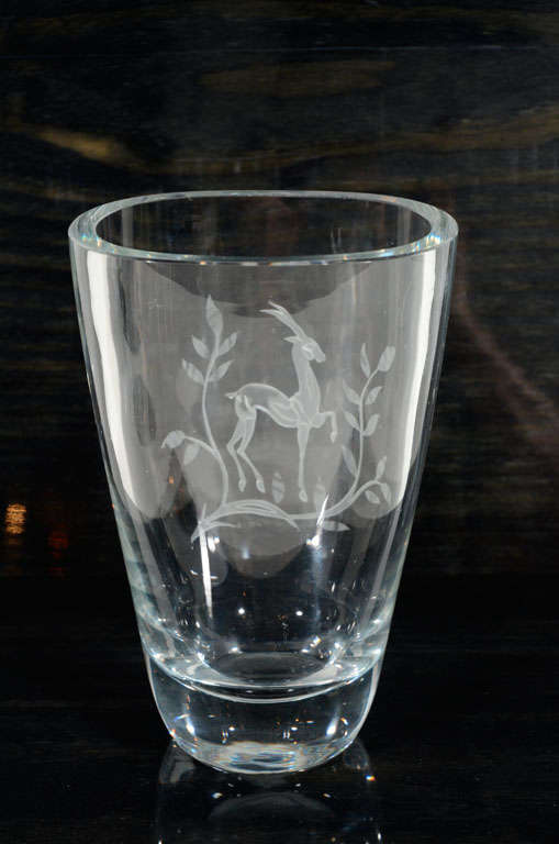 Art Deco Crystal Vase with Stylized Etched Gazelle 2