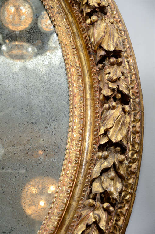 19th Century French Carved Wood and Gold Gilded Gesso Oval Mirror 1