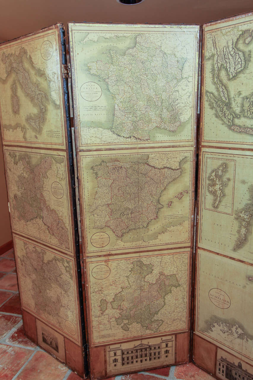 Early Victorian English Four Panel Screen with Maps For Sale