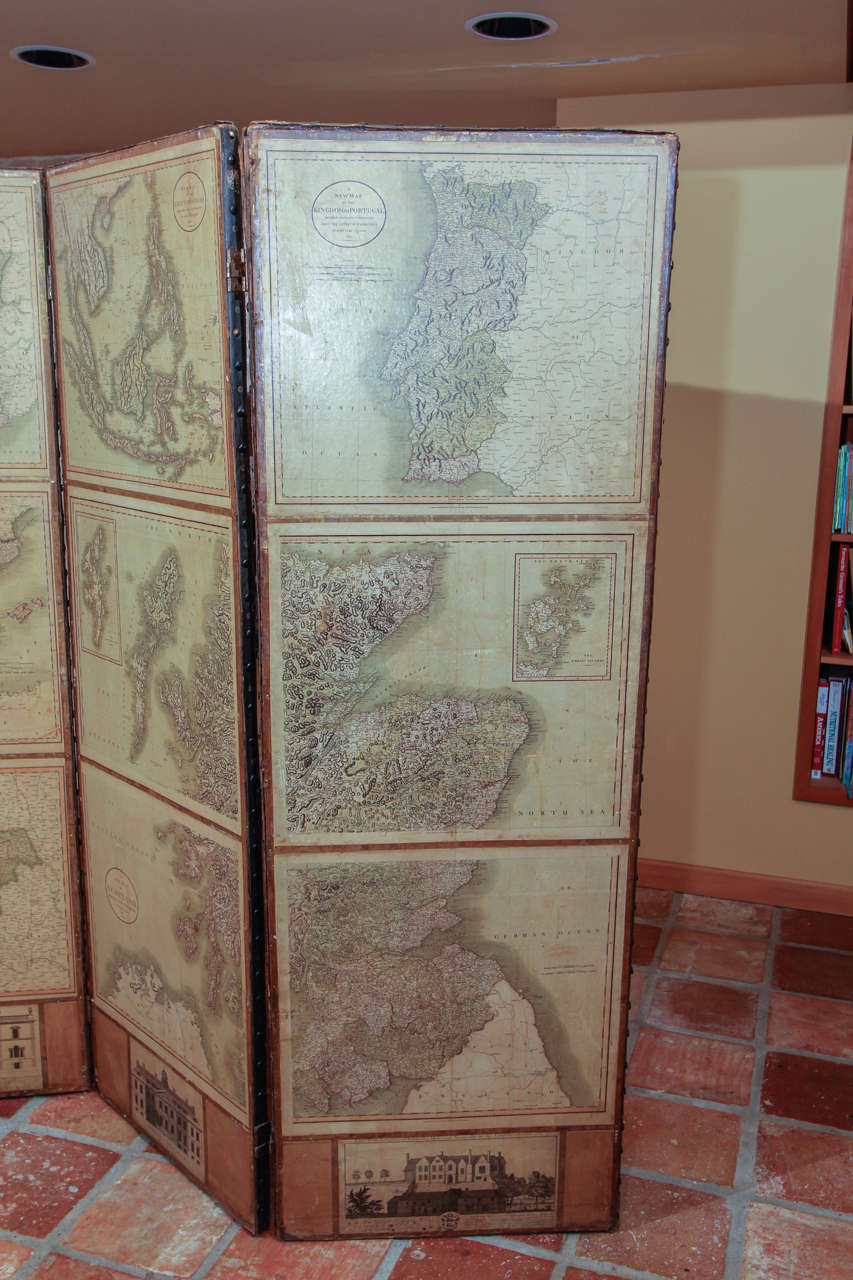 English Four Panel Screen with Maps In Good Condition For Sale In Kirkland, WA