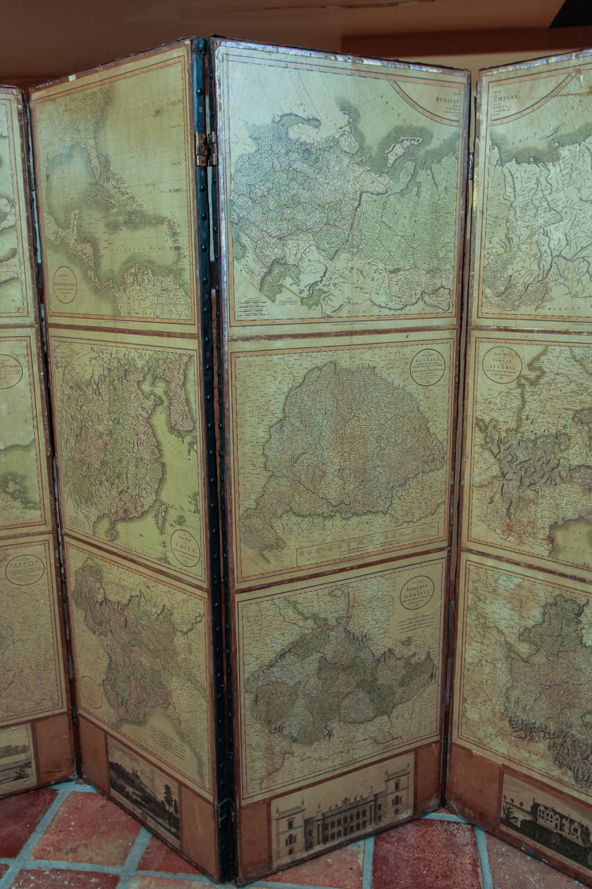 English Four Panel Screen with Maps For Sale 1