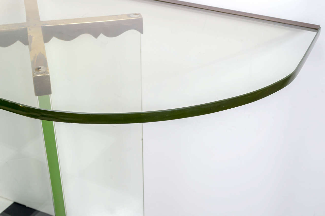 Polished Moderne Glass and Brass Trimmed Console Table