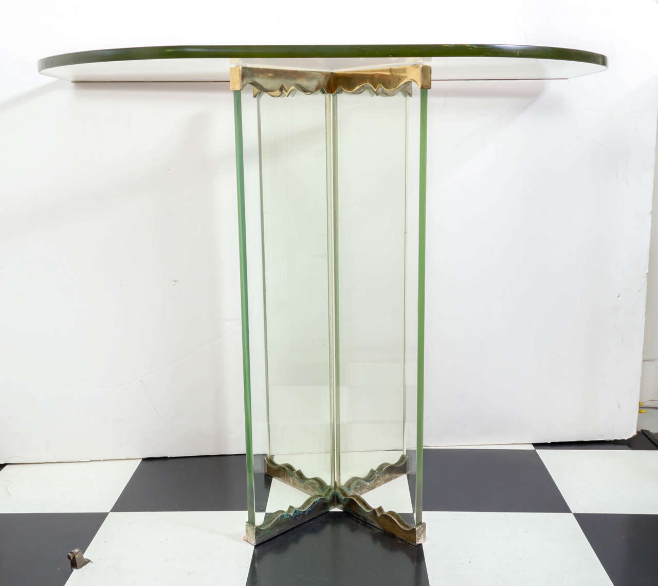 Moderne Glass and Brass Trimmed Console Table In Good Condition In San Francisco, CA