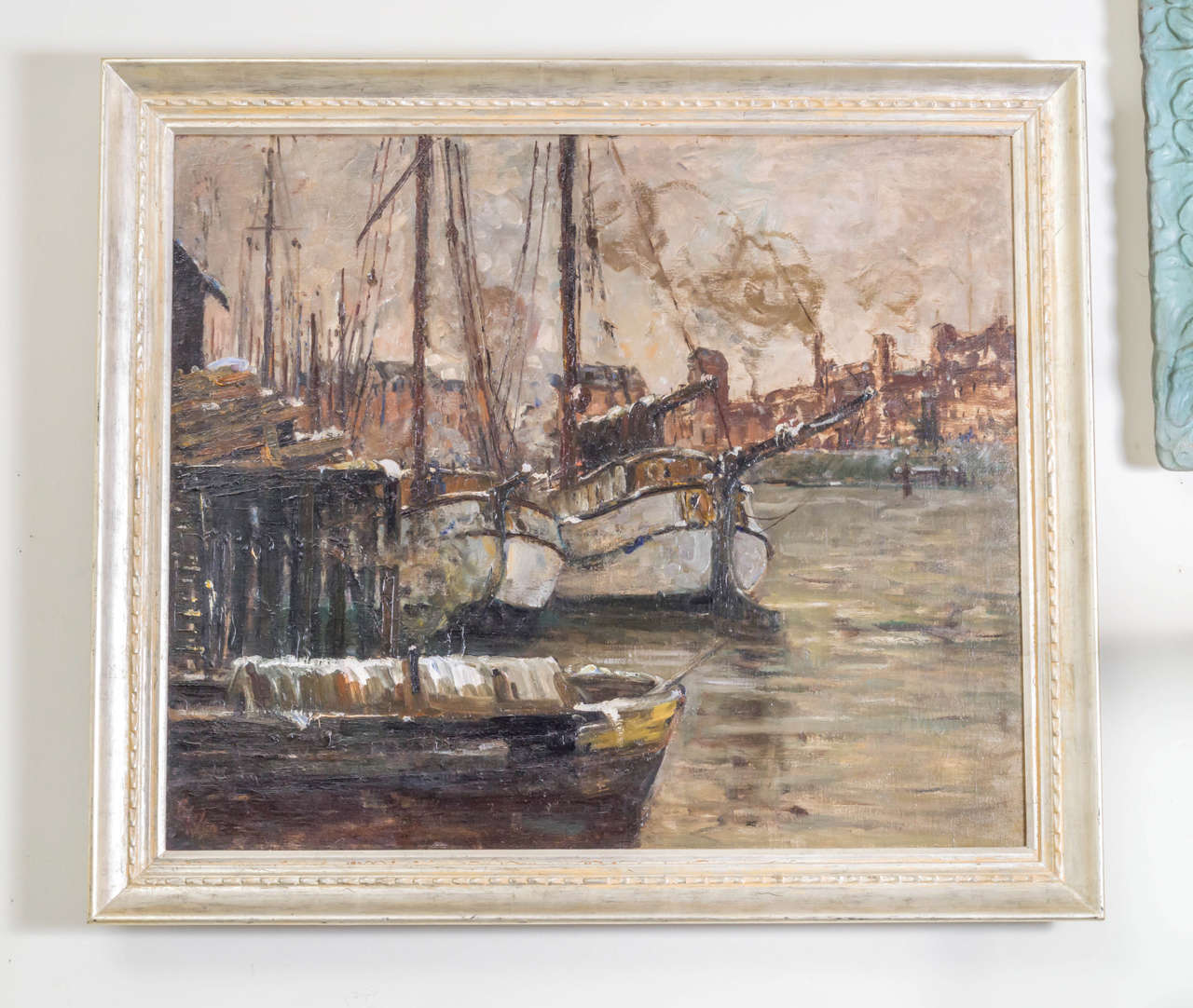 Framed oil on canvas painting of a harbour scene by Toni Magpie (Elster). Toni Magpie (Elster). (1862-1948) lived and was active in Bremen or Munich, Germany. Carved wood silver gilt frame,
circa 1925.