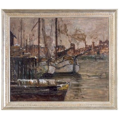 Antique Oil on Canvas Painting of a Harbor Scene by German Artist Toni Magpie 'Elster'