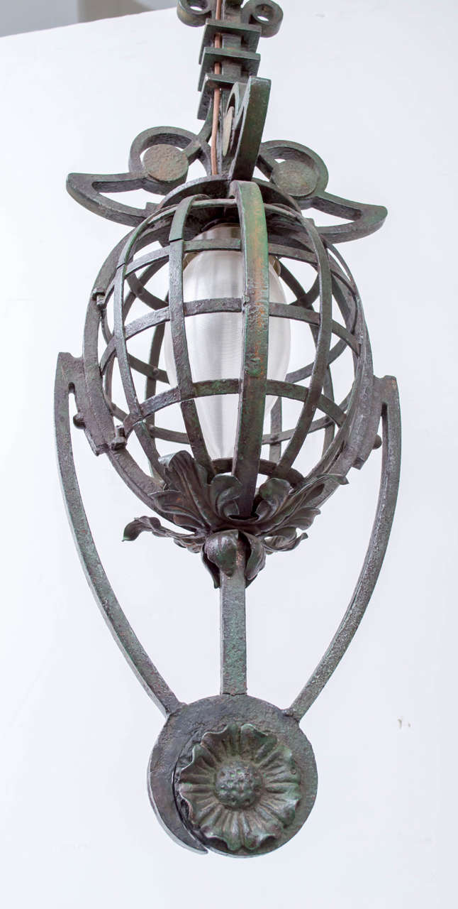 Unknown Early 20th Century Continental Iron and Paint Pendant Drop Chandelier For Sale