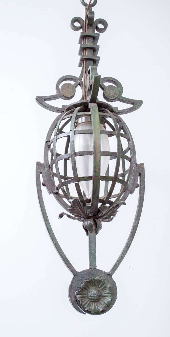 Early 20th Century Continental Iron and Paint Pendant Drop Chandelier For Sale 1