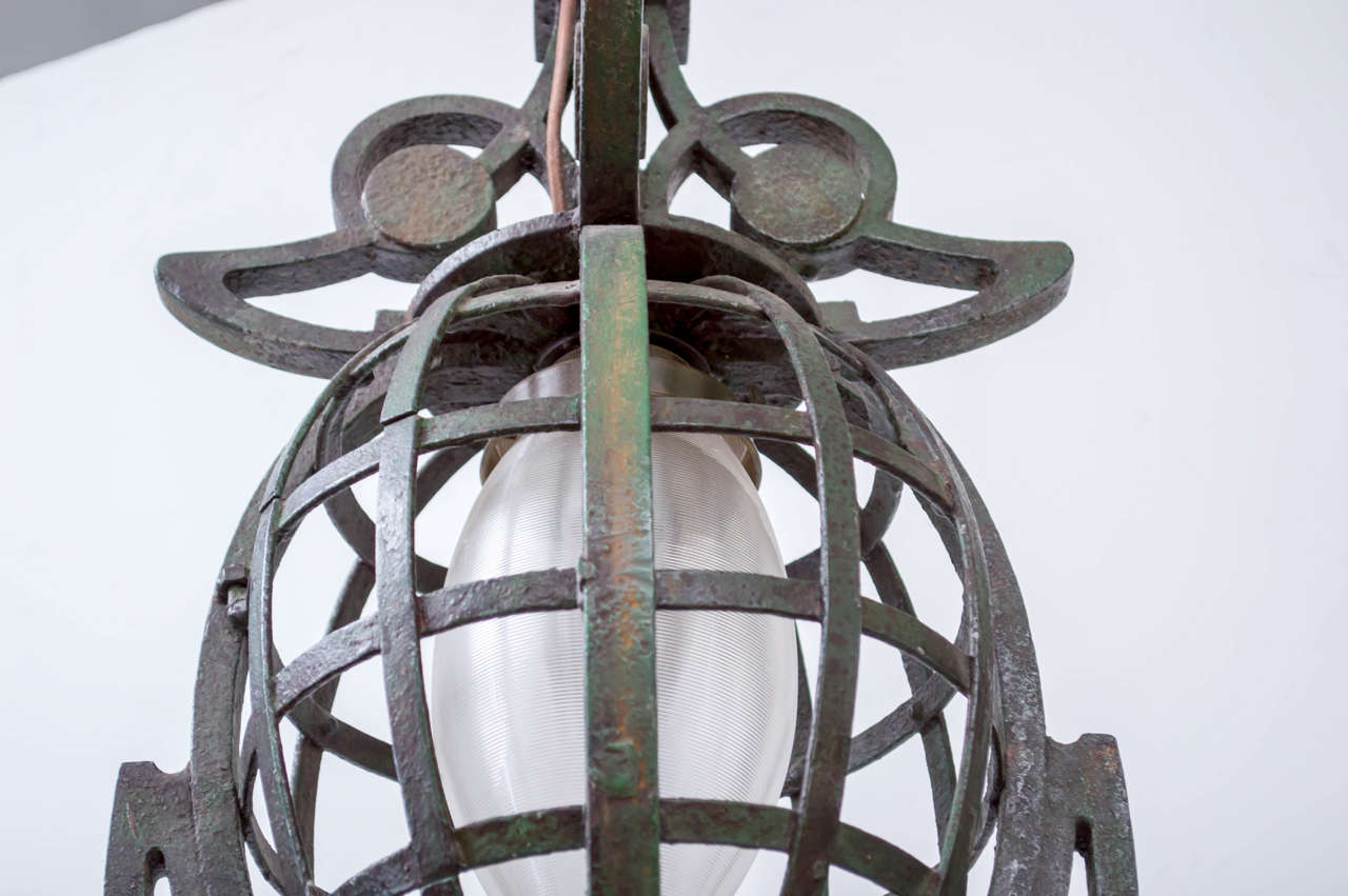 Early 20th Century Continental Iron and Paint Pendant Drop Chandelier For Sale 5