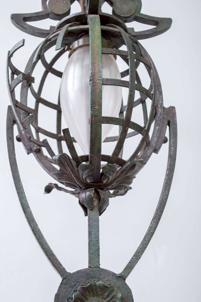 Early 20th Century Continental Iron and Paint Pendant Drop Chandelier For Sale 6