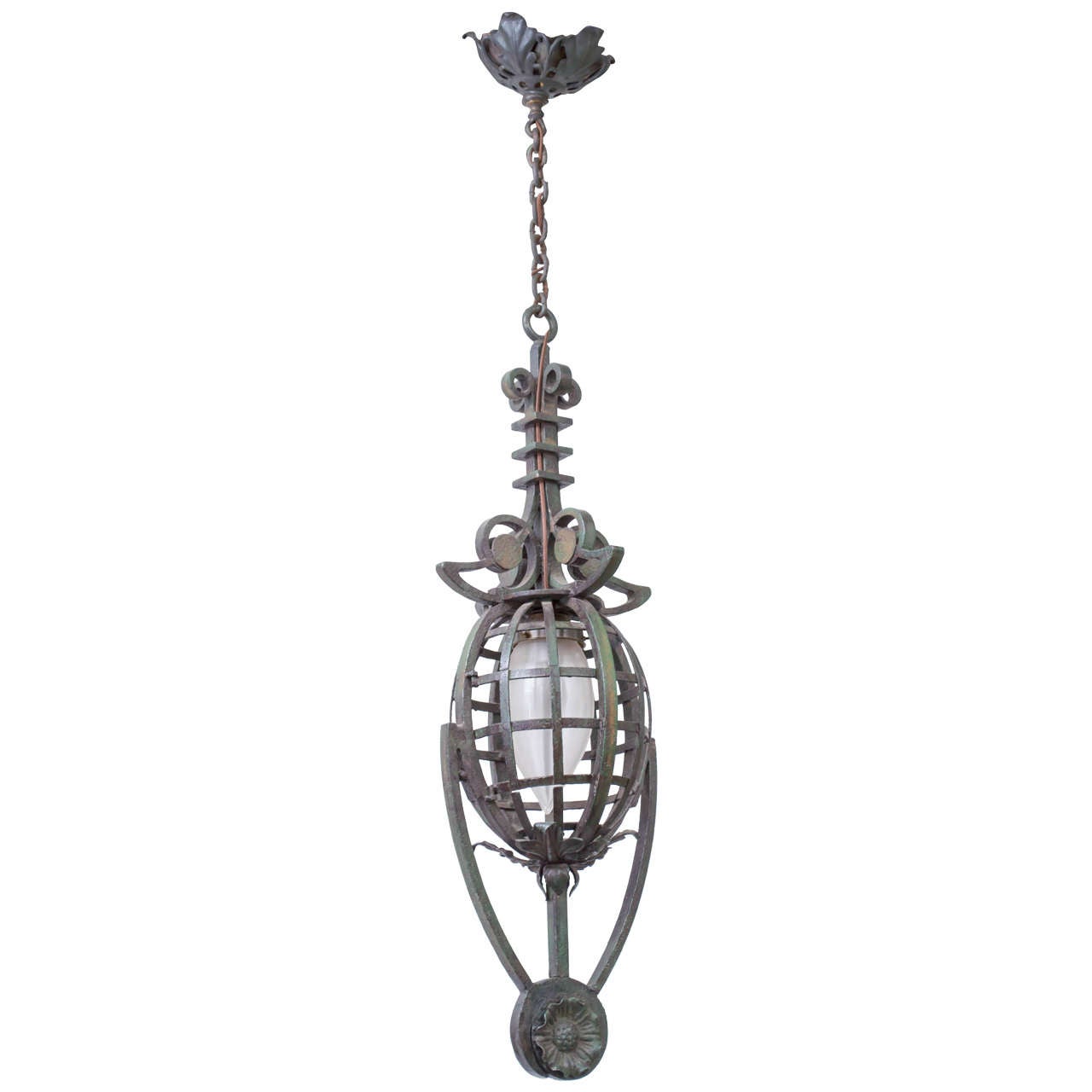 Early 20th Century Continental Iron and Paint Pendant Drop Chandelier For Sale