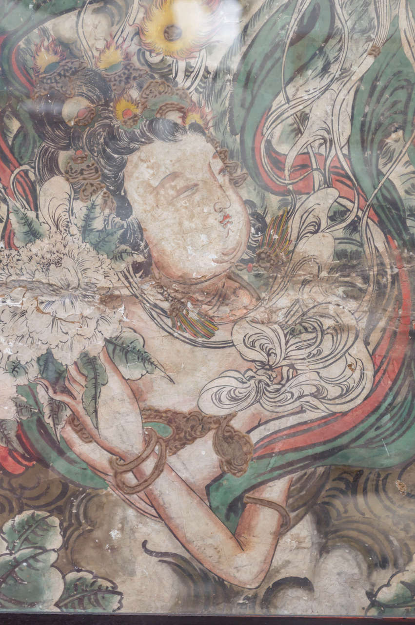 Early Ming Period Temple Fresco Fragment 0f a Goddess In Distressed Condition In San Francisco, CA