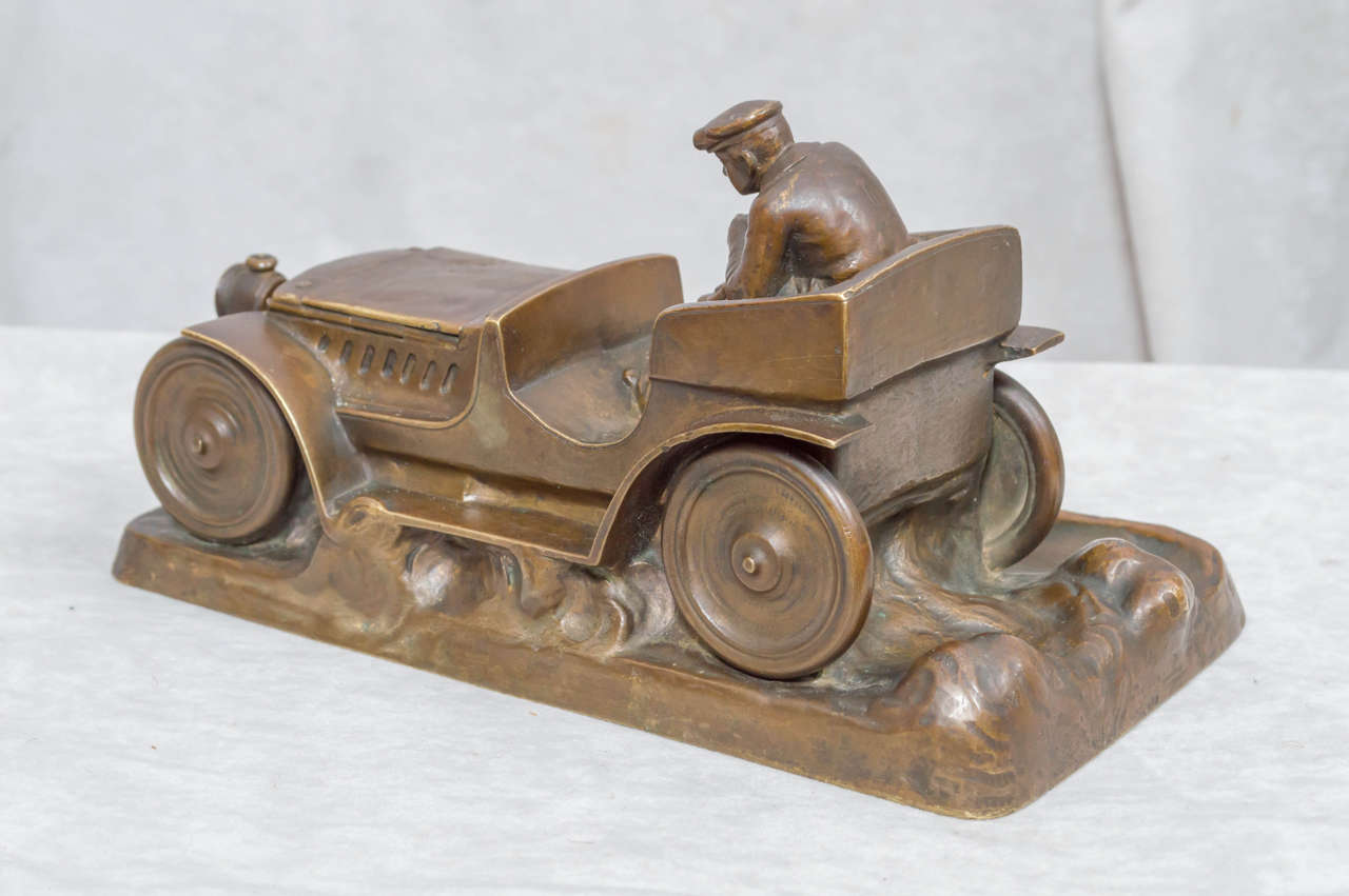 Beaux Arts Austrian Bronze Inkwell of an Automobile and Driver ca. 1920's