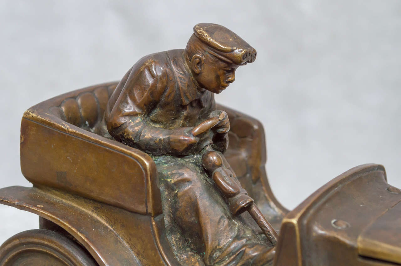Patinated Austrian Bronze Inkwell of an Automobile and Driver ca. 1920's