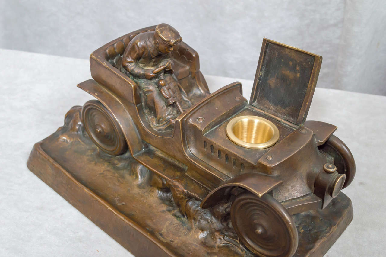 Austrian Bronze Inkwell of an Automobile and Driver ca. 1920's 1