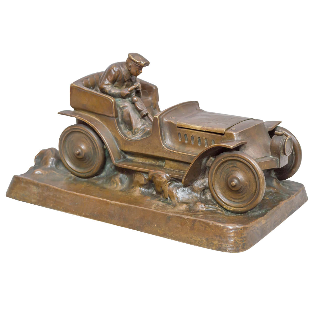 Austrian Bronze Inkwell of an Automobile and Driver ca. 1920's