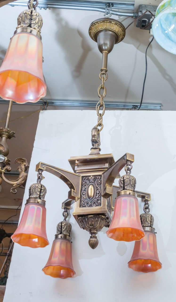 American Exceptional Pair of Arts and Crafts Four-Arm Chandeliers