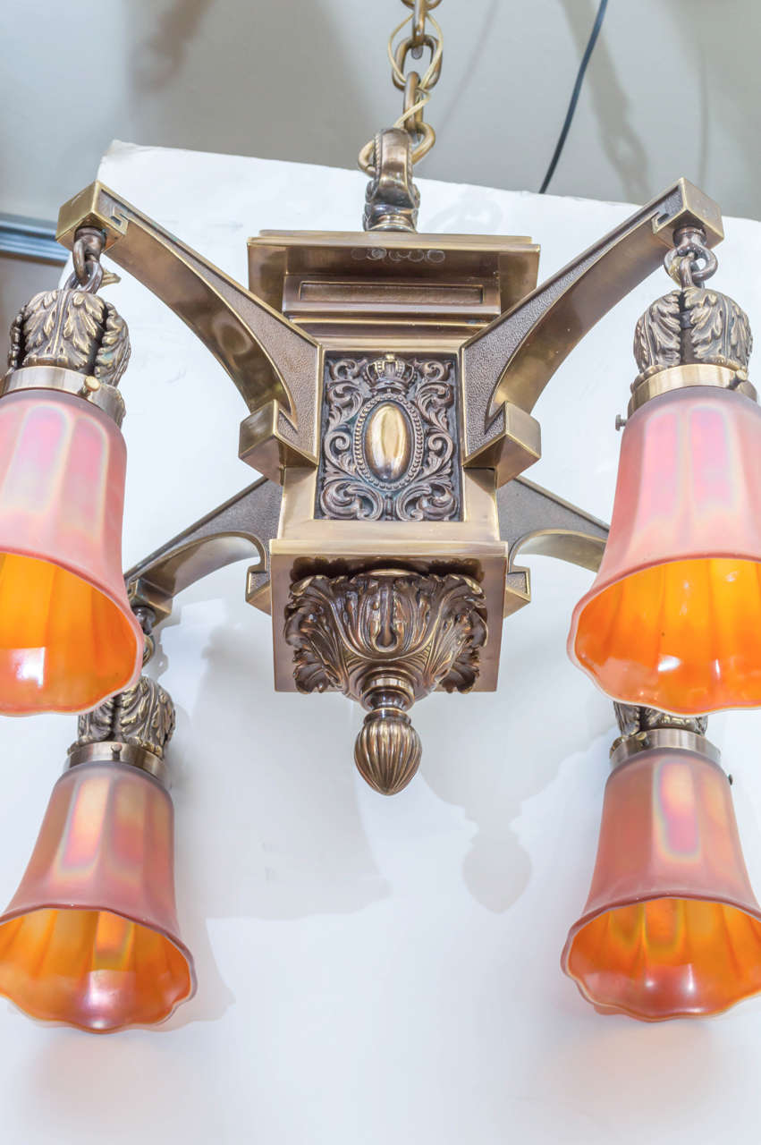 Bronze Exceptional Pair of Arts and Crafts Four-Arm Chandeliers