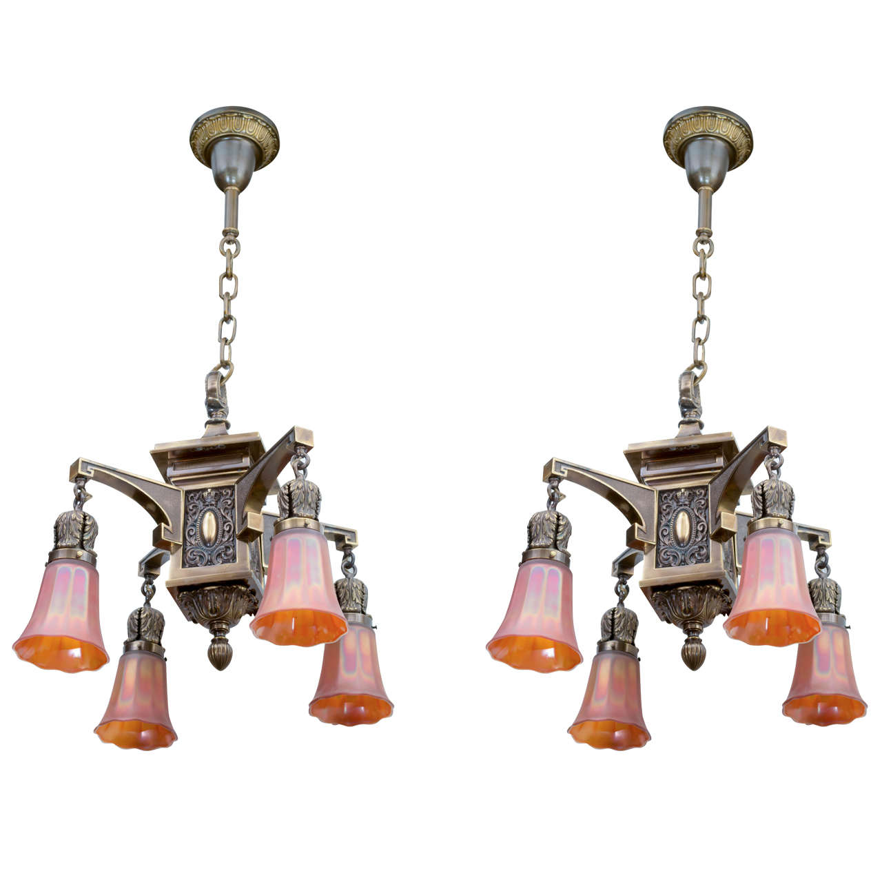 Exceptional Pair of Arts and Crafts Four-Arm Chandeliers