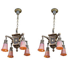 Antique Exceptional Pair of Arts and Crafts Four-Arm Chandeliers