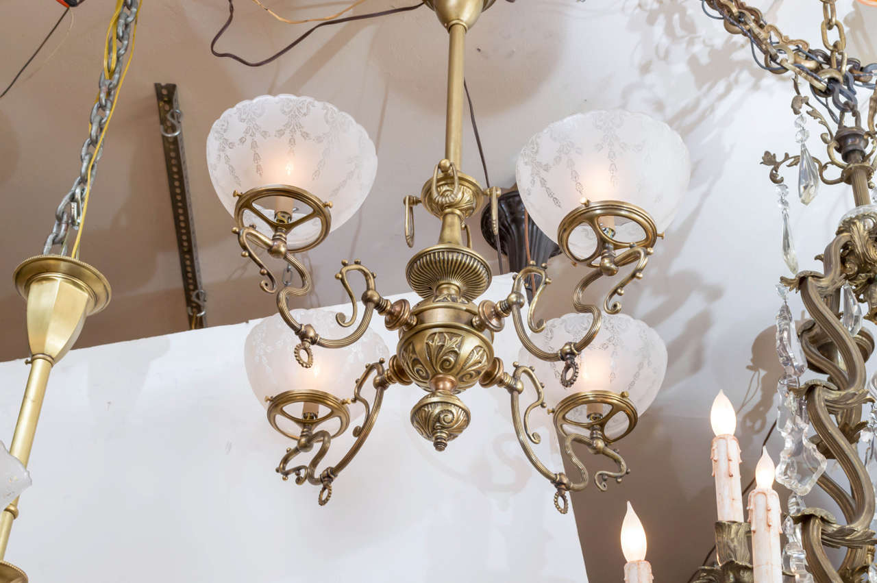 Late Victorian Four-Arm Gas Chandelier with Deep Etched Glass Shades In Excellent Condition In Petaluma, CA
