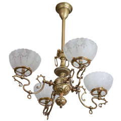 Antique Late Victorian Four-Arm Gas Chandelier with Deep Etched Glass Shades