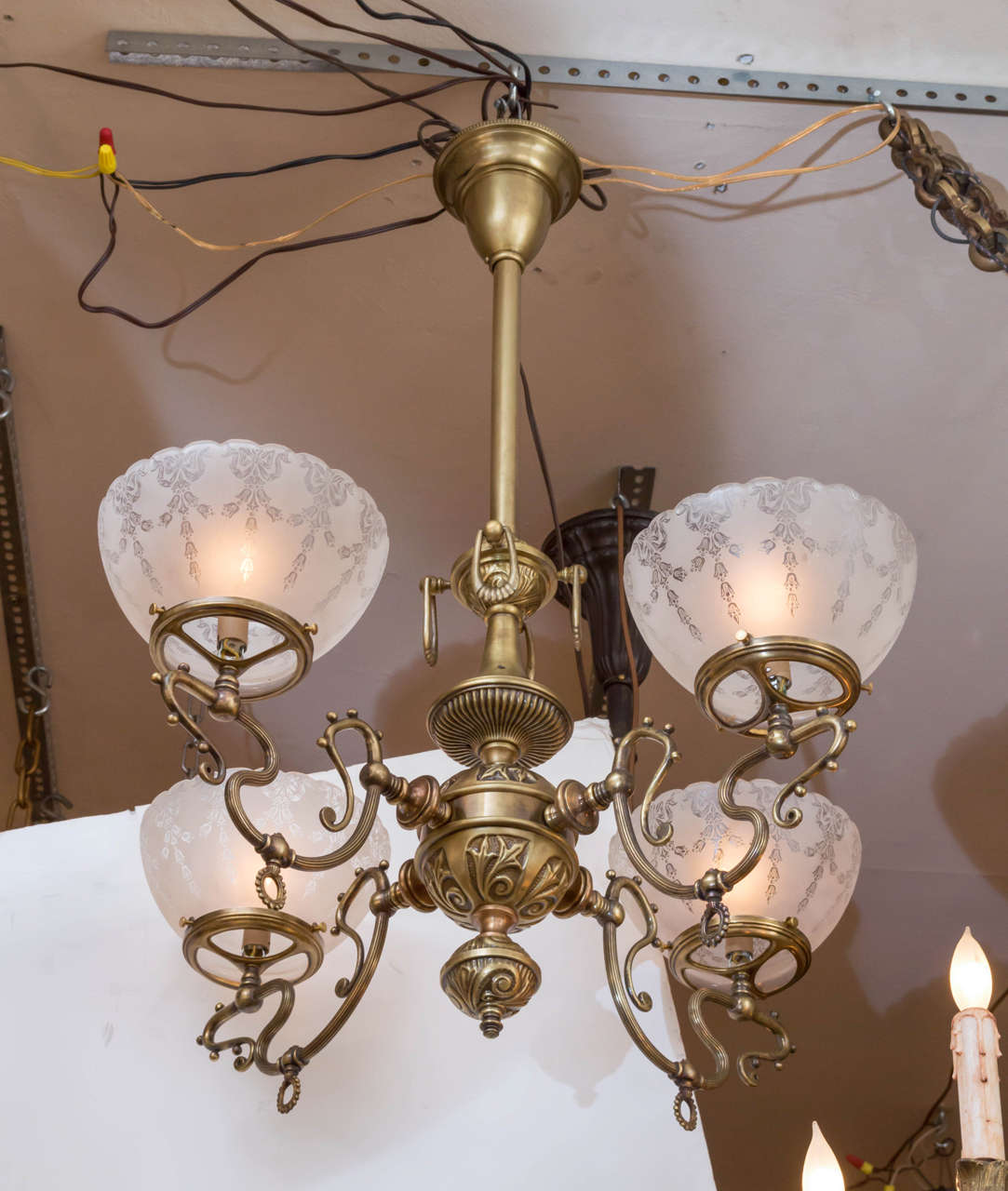 Late Victorian FourArm Gas Chandelier with Deep Etched Glass Shades at