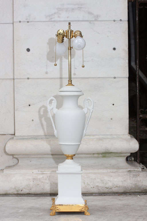 Unglazed Paris Porcelain and Gilded Bronze Lamp In Good Condition For Sale In Hudson, NY