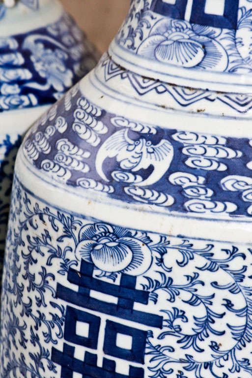 A Large Pair of Chinese Canton Blue and White Vases 4