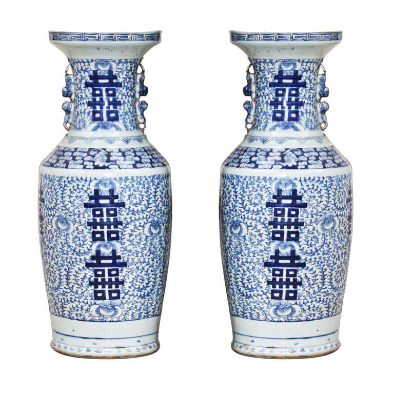 A Large Pair of Chinese Canton Blue and White Vases