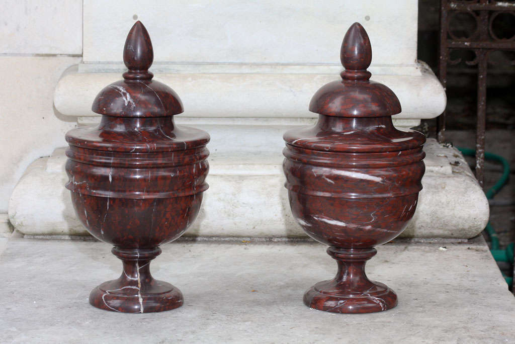 Italian Large Pair Rouge Royale Covered Marble Urns For Sale