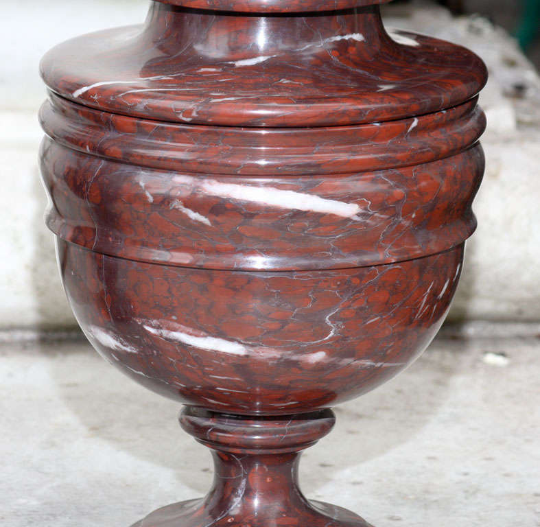 Large Pair Rouge Royale Covered Marble Urns In Excellent Condition For Sale In Hudson, NY