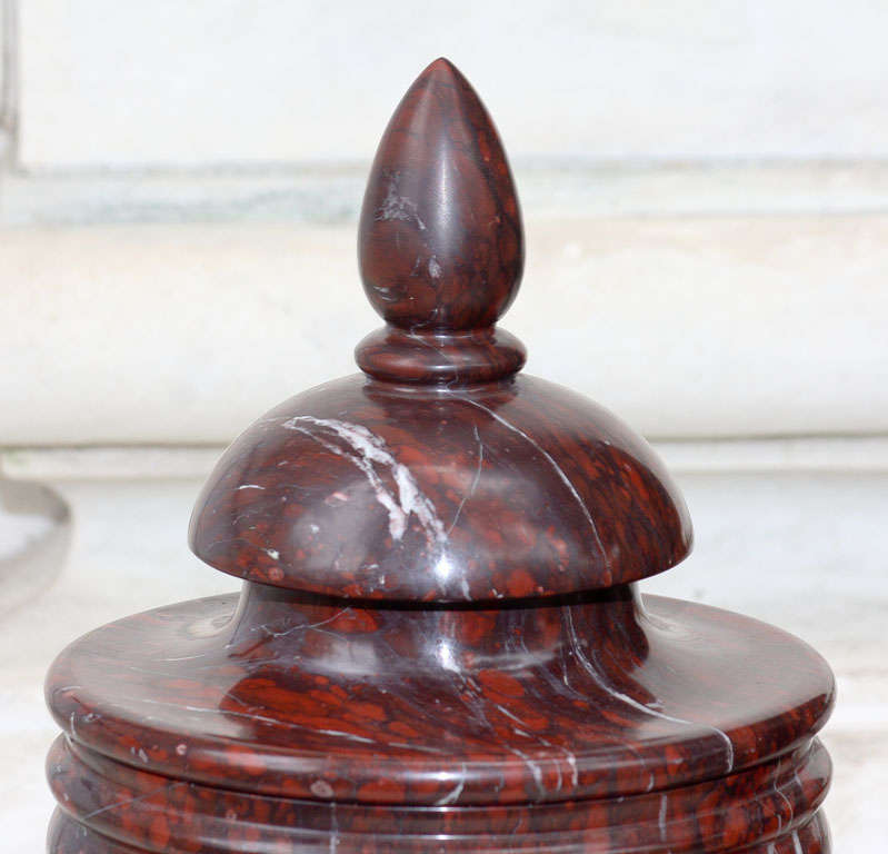20th Century Large Pair Rouge Royale Covered Marble Urns For Sale