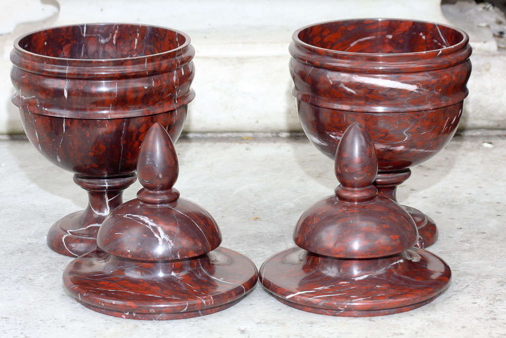 Large Pair Rouge Royale Covered Marble Urns For Sale 1