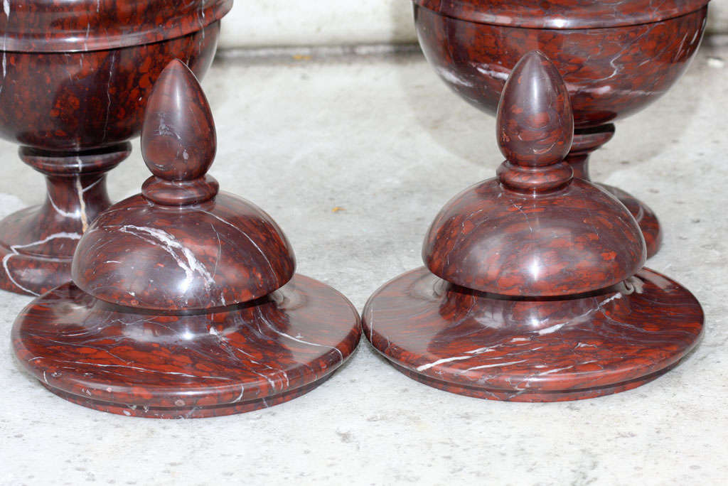 Large Pair Rouge Royale Covered Marble Urns For Sale 3