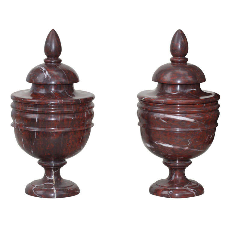 Large Pair Rouge Royale Covered Marble Urns For Sale