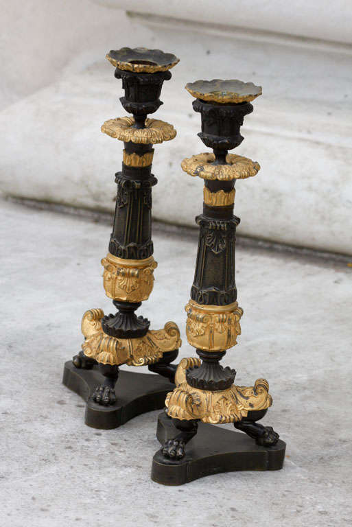 French Napoleon III Gilt and Patinated Bronze Candlesticks For Sale