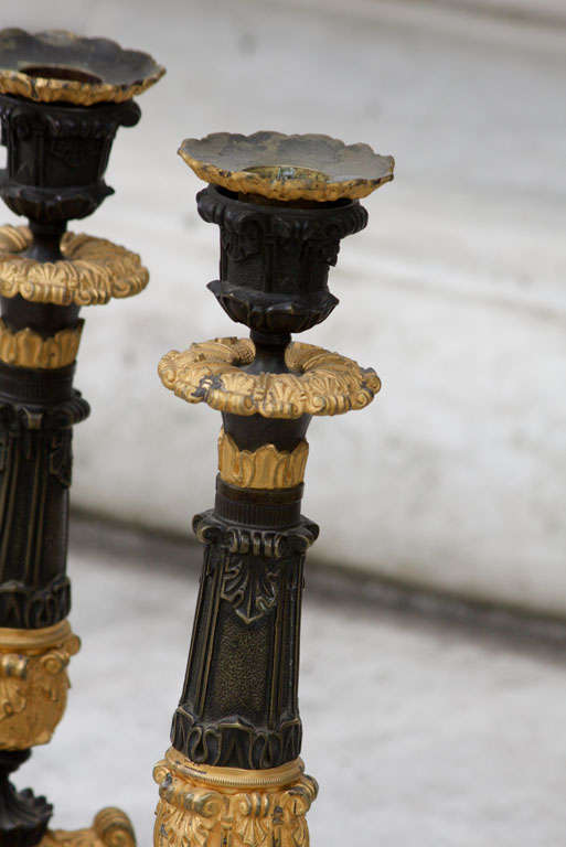 19th Century Napoleon III Gilt and Patinated Bronze Candlesticks For Sale