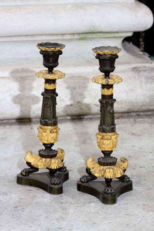 Napoleon III Gilt and Patinated Bronze Candlesticks For Sale 4