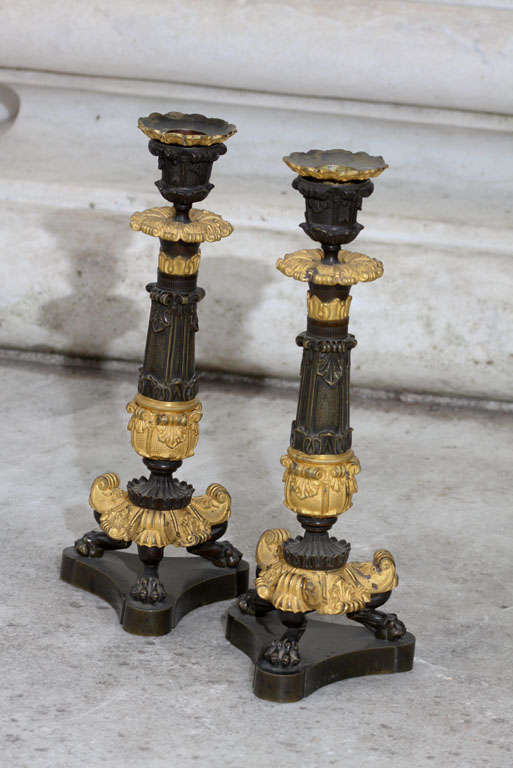 Napoleon III Gilt and Patinated Bronze Candlesticks For Sale 5