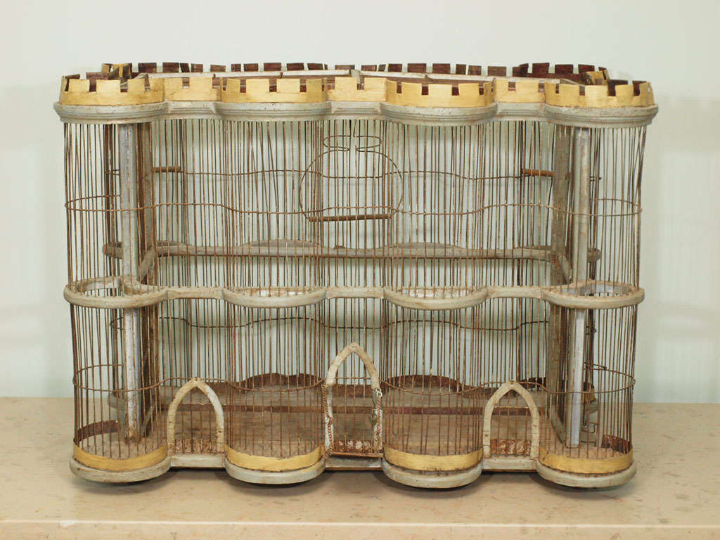 Unique 19th C Iron & Wood Bird Cage designed as a chateau