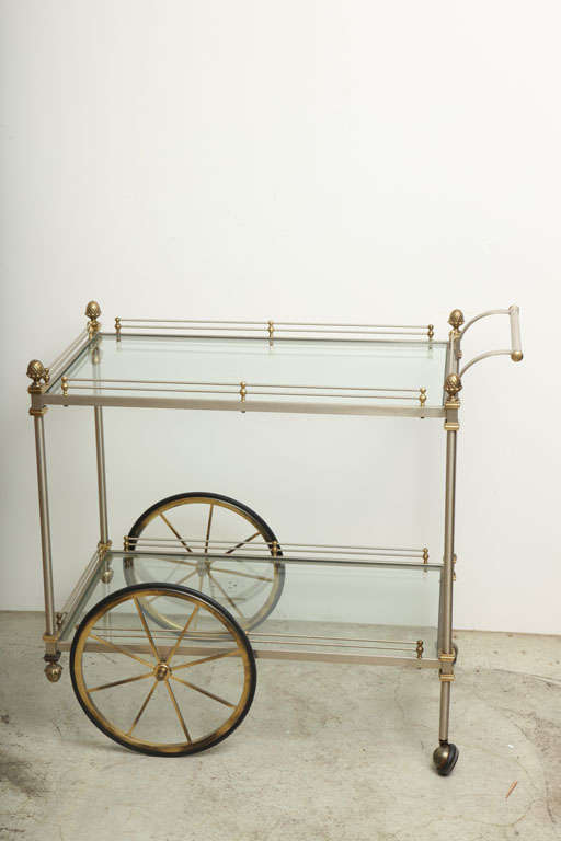 Late 20th Century Italian Brass and Brushed Metal Bar Cart, style of Maison Jansen