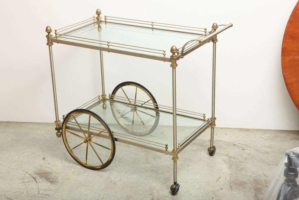 Italian Brass and Brushed Metal Bar Cart, in the manner of Maison Jansen