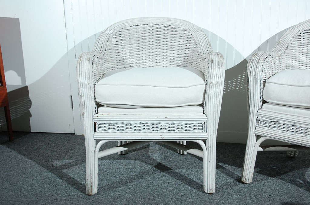 American Pair Of Fantastic Original Dry White Painted Wicker Chairs