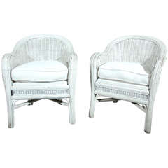 Vintage Pair Of Fantastic Original Dry White Painted Wicker Chairs