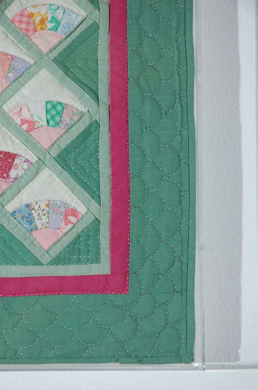 Mid-20th Century Miniature 1940s Pastel Fans Mounted Doll Quilt